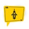 Black Rocket ship icon isolated on white background. Space travel. Yellow speech bubble symbol. Vector