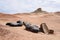 Black rocks and the ruins of ancient watchtower at the historical site of Yang Pass, in Yangguan, Gansu, China