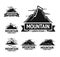 Black rocky mountains emblems with clear sky above, half moon and sign underneath isolated cartoon flat vector