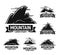 Black rocky mountains emblems with clear sky above, half moon and sign underneath isolated cartoon flat vector