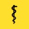 Black Rod of asclepius snake coiled up silhouette icon isolated on yellow background. Emblem for drugstore or medicine