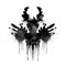 Black Rorschach inkblot with interesting shape on a white background.