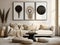 Black round accent coffee table near white sofa against of stucco, wall with three art poster frames. Boho interior design of