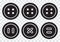 Black round clothing buttons with thread on transparent background. Vector