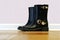 Black Rubber Rain Boots with Gold Buckles