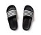 Black rubber slippers isolated on white. Pair of slide sandals closeup. Light shoes for pool or shower. Comfortable beach flip