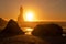 Black Sand Beach In Iceland. Sunset over Volcanic Cliffside. Stunning Ocean Coast. Unusual Mountain in Pure Nature