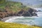 Black sand beach on a protected cove, wildflowers blooming on the surrounding bluffs, Mori Point, Pacifica, California