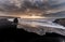 Black Sand Beach Reynisfjara in Iceland. Windy Morning. Ocean Waves. Colorful Sky. Morning Sunset.