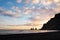 Black Sand Beach, in sunset. Reynisfjara beach in Iceland