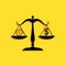 Black Scale weighing money and time icon isolated on yellow background. Scales with hours and a coin. Balance between