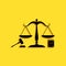 Black Scales of justice, gavel and book icon isolated on yellow background. Symbol of law and justice. Concept law