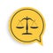 Black Scales of justice icon isolated on white background. Court of law symbol. Balance scale sign. Yellow speech bubble