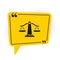 Black Scales of justice icon isolated on white background. Court of law symbol. Balance scale sign. Yellow speech bubble
