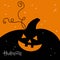 Black scary laughing pumpkin on orange background. Printing Decor for party. Hand written Happy Halloween lettering with