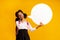 Black Schoolgirl Posing With Speech Bubble Thinking, Mockup, Studio Shot