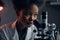 Black scientist using microscope in lab, AI Generative,