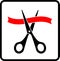 Black scissors cutting red ribbon