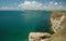 Black Sea landscape with wind turbines