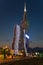 Black Sea Technological University Batumi Tower, beautiful illuminated building at night. Modern architecture in Batumi