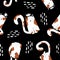 Black seamless pattern of spotted cats sitting, with cute crowns. Kittens children\\\'s print with sticks or strips