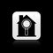 Black Search house icon isolated on black background. Real estate symbol of a house under magnifying glass. Silver