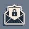 Black Secure mail icon isolated on grey background. Mailing envelope locked with padlock. Long shadow style. Vector