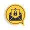 Black Secure mail icon isolated on white background. Mailing envelope locked with padlock. Yellow speech bubble symbol