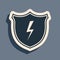 Black Secure shield with lightning icon isolated on grey background. Security, safety, protection, privacy concept. Long