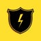 Black Secure shield with lightning icon isolated on yellow background. Security, safety, protection, privacy concept