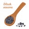 Black sesame in wooden spoon. Vector illustration of heap of seeds