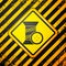 Black Sewing thread on spool and button icon isolated on yellow background. Yarn spool. Thread bobbin. Warning sign