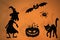 Black shadow puppets of Halloween creatures.