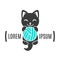 Black shape of kitten with ball in paws. Cat logo. Simple animal logotype for shop and handmade company