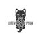 Black shape of kitten with ball in paws. Cat logo. Simple animal logotype for shop and handmade company