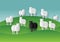 Black sheep stand in middle of White sheep group in Paper cut Style. Lamb family farm. Papercut of different 2 color sheep.