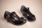 Black shine leather girl shoes with black ribbon