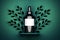 Black shiny vape serum bottle on green background with foliage