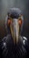 Black Shoebill Stork with Orange Beak, Tilted Head, Looking Aggressively Directly at Camera AI Generative