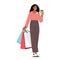 Black Shopaholic Girl with Coffee Cup and Purchases in Colorful Paper Bags. Stylish African American Woman Shopping