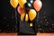 A black shopping bag buoyed by a colorful bouquet of celebratory balloons