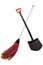 Black shovel and plastic broom