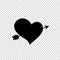 Black silhouette of arrow through heart on transparent background