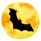 Black silhouette of a bat on a background of a yellow moon. Hand drawn watercolor illustration isolated on white