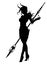 The black silhouette of a beautiful demon girl gracefully walking forward in her hand a long patterned spear, in the other a
