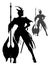 The black silhouette of a beautiful warrior with a slender body, she has fluffy ears, a feathered cape and a huge double-sided axe