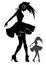 The black silhouette of a beautiful young girl who is selflessly spinning in the dance listening to music in her headphones with