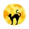 Black silhouette of a black cat on the background of a yellow moon. Hand drawn watercolor illustration isolated on white