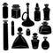 Black silhouette of bottles, flasks and jars. Containers for perfumes and medicines. Natural medicine. Potions and Alchemy. Vector