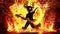 A black silhouette of a bright girl playing an oriental guitar creating a raging fiery lava chaos around her she is a pyro